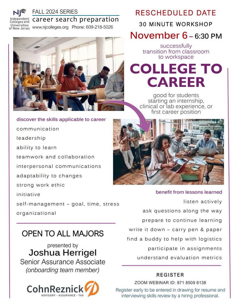 Career Event hosted by the Association of Independent Colleges and Universities of NJ! Discover a broad array of skills useful for any career and benefit from the lessons learned that can help shape you into a career-minded professional! Open to all majors!