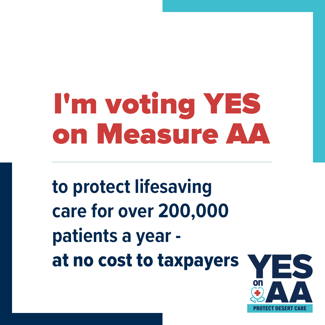 YesMeasureAA's tweet image. Measure AA renews Desert Regional Medical Center’s lease and ensures required upgrades are completed at no cost to taxpayers. Share this to show your support for Measure AA this November to protect lifesaving care in the Coachella Valley.