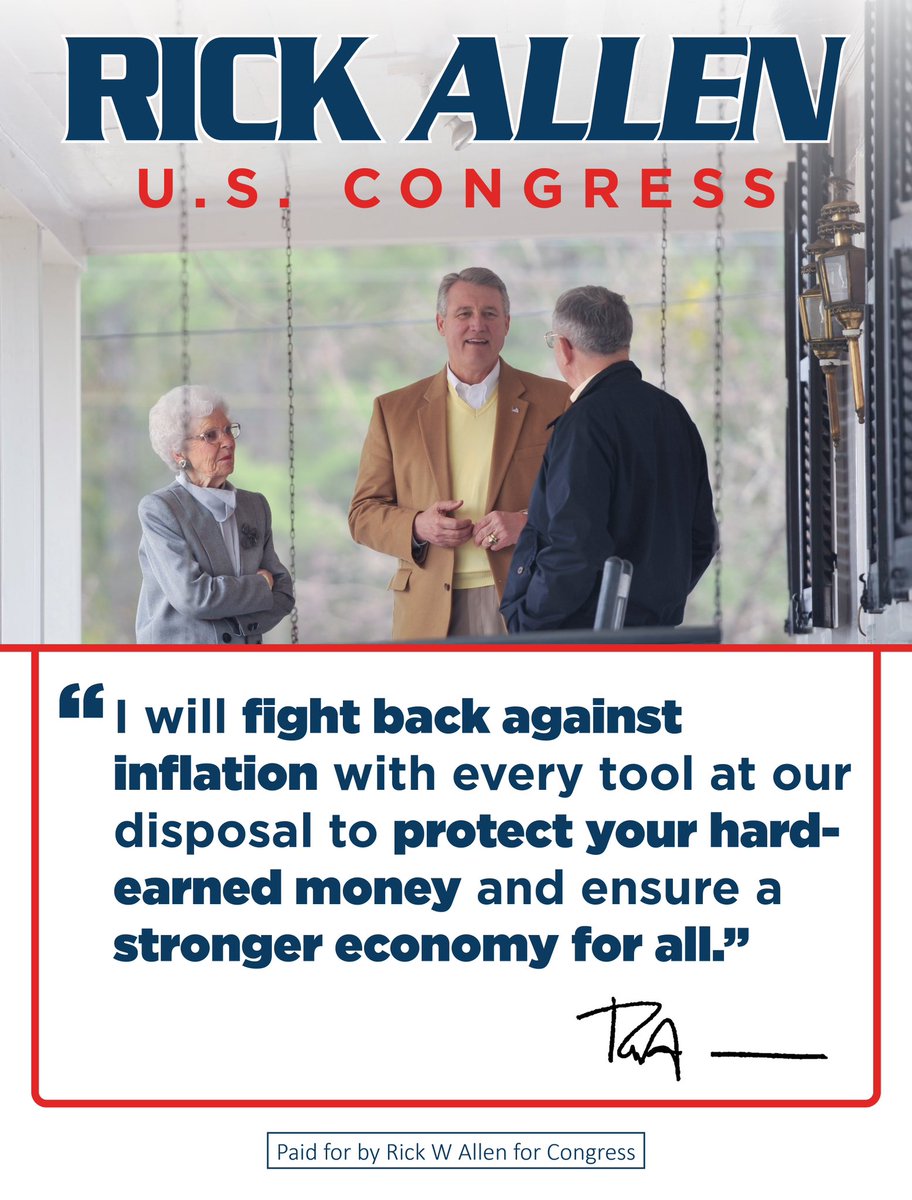 rickallen's tweet image. It's time to turn the page on Kamalanomics and the Biden-Harris Administration's self-inflicted inflation. 

Vote Rick Allen for Congress and Donald J. Trump for President to fight inflation and bring down costs! 

Early voting ends on Friday. Make your plan to vote.
