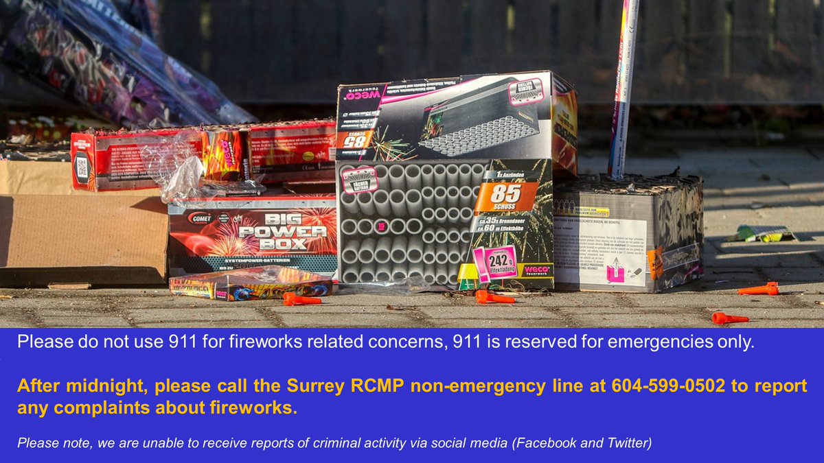 If you have concerns regarding the misuse of fireworks in your neighborhood, contact Surrey Bylaws at 604-591-4370 (operating until 1:00 am, November 1, 2024).