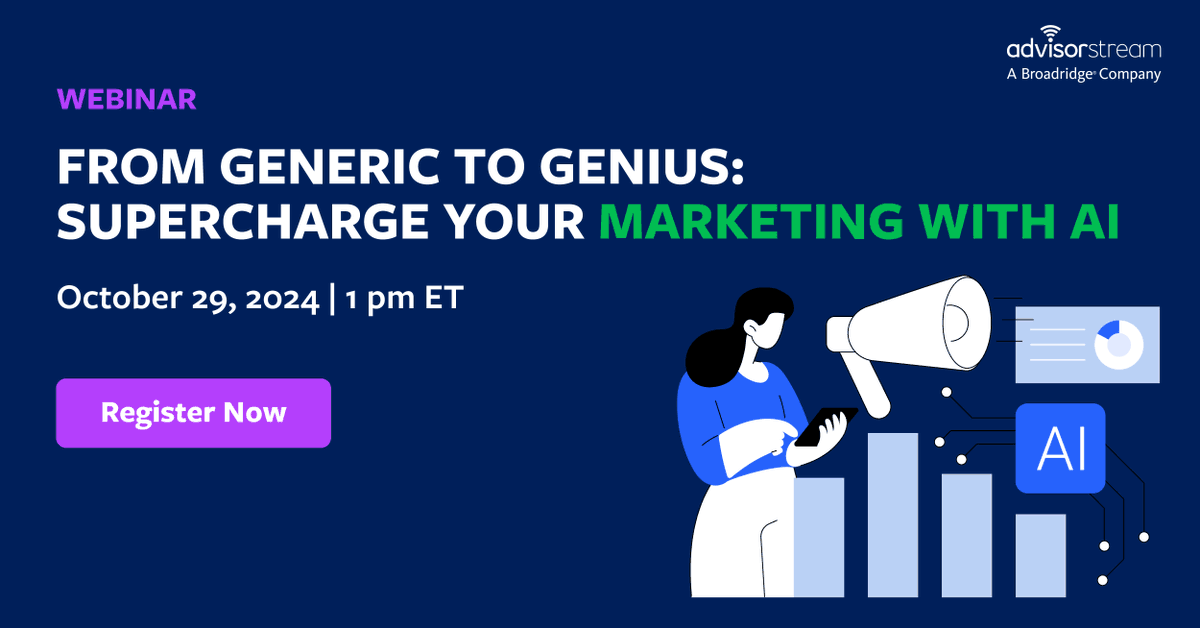 jgerold's tweet photo. 42% of investors wish their advisor would personalize communications more.

Join @AdvisorStream for an insightful webinar on October 29th to discover how AI can help you create personalized marketing without adding to your workload. Reserve your spot at - https://t.co/XxU9XYugdu https://t.co/8cHVZQpGE3