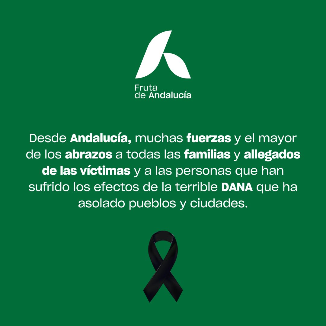 FrutaAndalucia's tweet photo. Estamos impactados por la situación de los pueblos y ciudades afectados por la DANA. FRUTA DE ANDALUCÍA se solidariza con las familias y allegados de las víctimas y con las personas que están sufriendo los daños. Muchas fuerzas y el mayor de los abrazos desde Andalucía. https://t.co/uuyM3wTNIa
