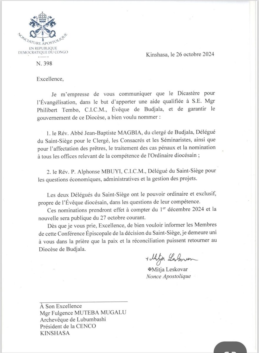 Adolphe Mbele (@ado_mbele) on Twitter photo DIOCÈSE DE BUDJALA : <a href="/Pontifex_fr/">Pape Léon XIV</a> a nommé 2 #délégués du St-Siège. A. #Mgbia_jb et P. #Mbuyi_alphonse
<a href="/CENCO__RDC/">CENCO RDC</a> <a href="/TataCardinal/">Cardinal Fridolin Ambongo Besungu</a> <a href="/vaticannews_fr/">Vatican News</a> <a href="/csmb2023/">Centre Social Mgr Bolangi Asbl</a> DIOCÈSE DE BUDJALA : <a href="/Pontifex_fr/">Pape Léon XIV</a> a nommé 2 #délégués du St-Siège. A. #Mgbia_jb et P. #Mbuyi_alphonse
<a href="/CENCO__RDC/">CENCO RDC</a> <a href="/TataCardinal/">Cardinal Fridolin Ambongo Besungu</a> <a href="/vaticannews_fr/">Vatican News</a> <a href="/csmb2023/">Centre Social Mgr Bolangi Asbl</a>
