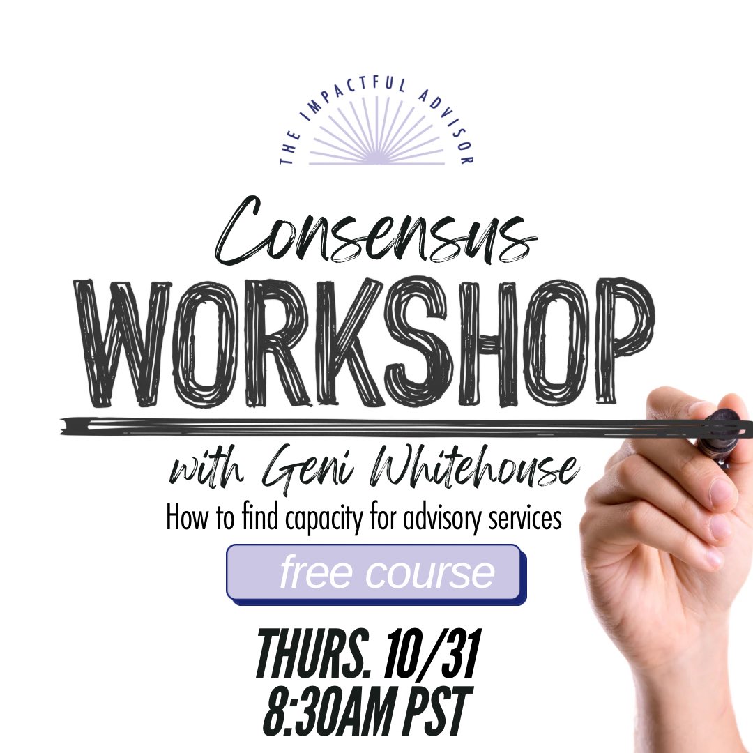 Tomorrow 🎃10/31 at 8:30am  PST join me for a free Tool Time where we will go through a Consensus Workshop and you will learn how to find capacity for Advisory Services: 

info.theimpactfuladvisor.com/tooltimeoffer