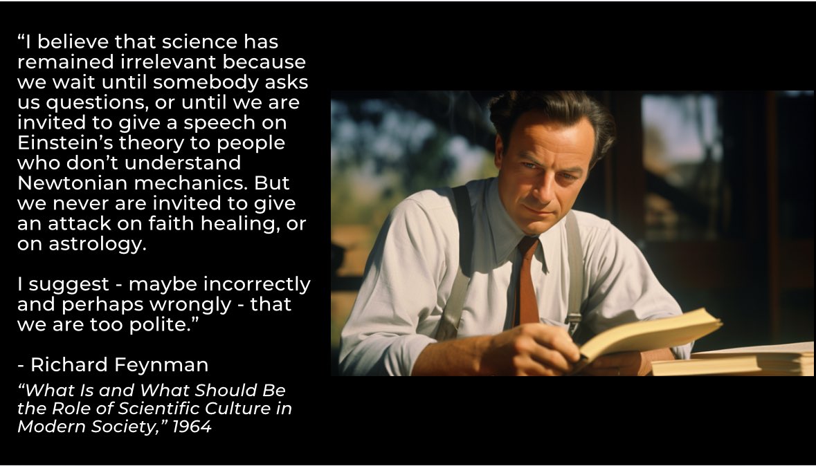Richard Feynman said in 1964 that scientists are TOO polite when it comes to correcting pseudoscience.
He was 100% correct.

If you think a scientist fact-checking a person on social media spreading misinformation is being “mean” - go review the idea of accountability.

1/