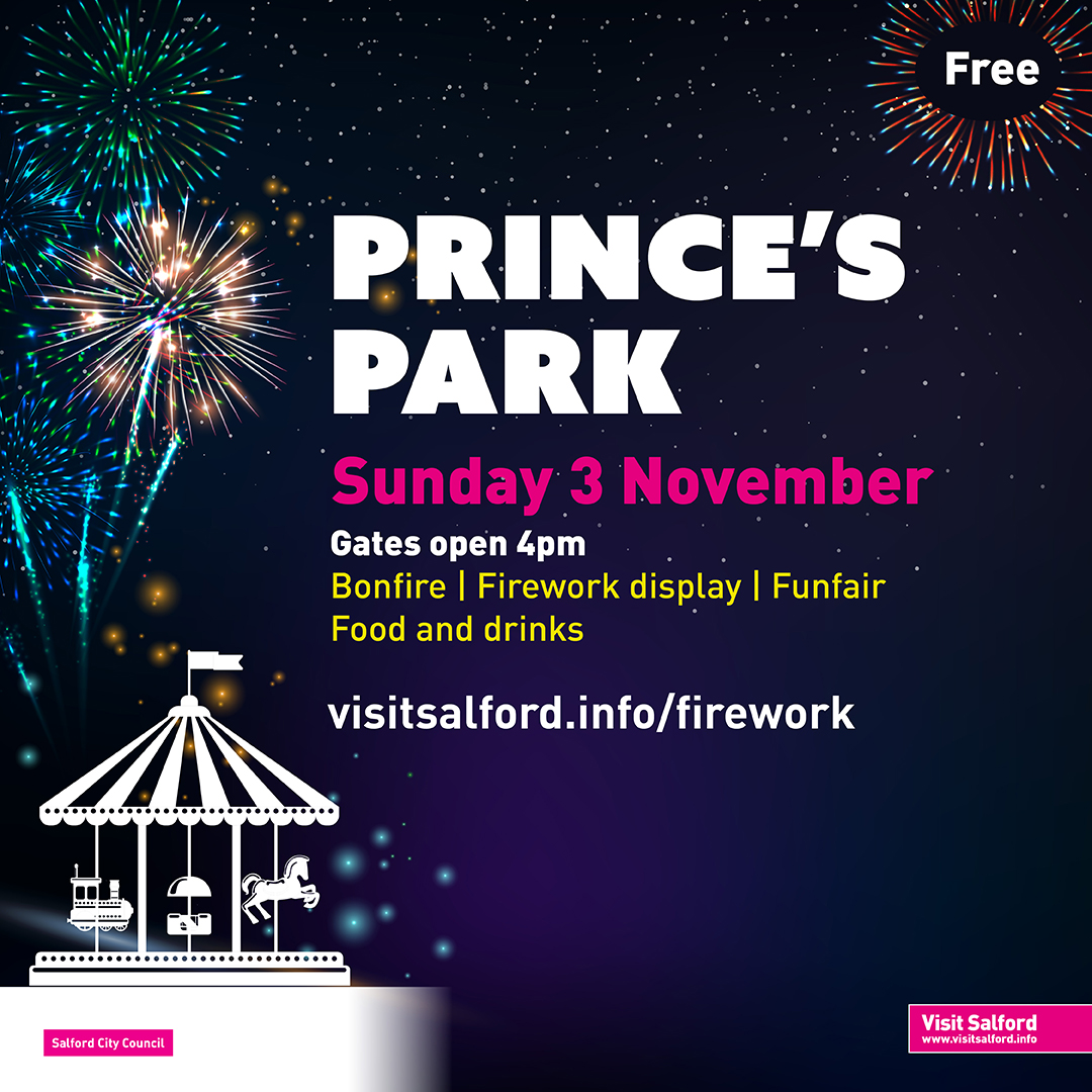 SalfordCouncil's tweet photo. Join us at Prince’s Park in Irlam on Sunday 3 November for a dazzling firework display and traditional bonfire. 

Entry is free, and it’s a perfect way to spend time with friends &amp; family.  

See you there! 🎇

Find out more information https://t.co/dOW2xddKHd https://t.co/51KaQGuOwn