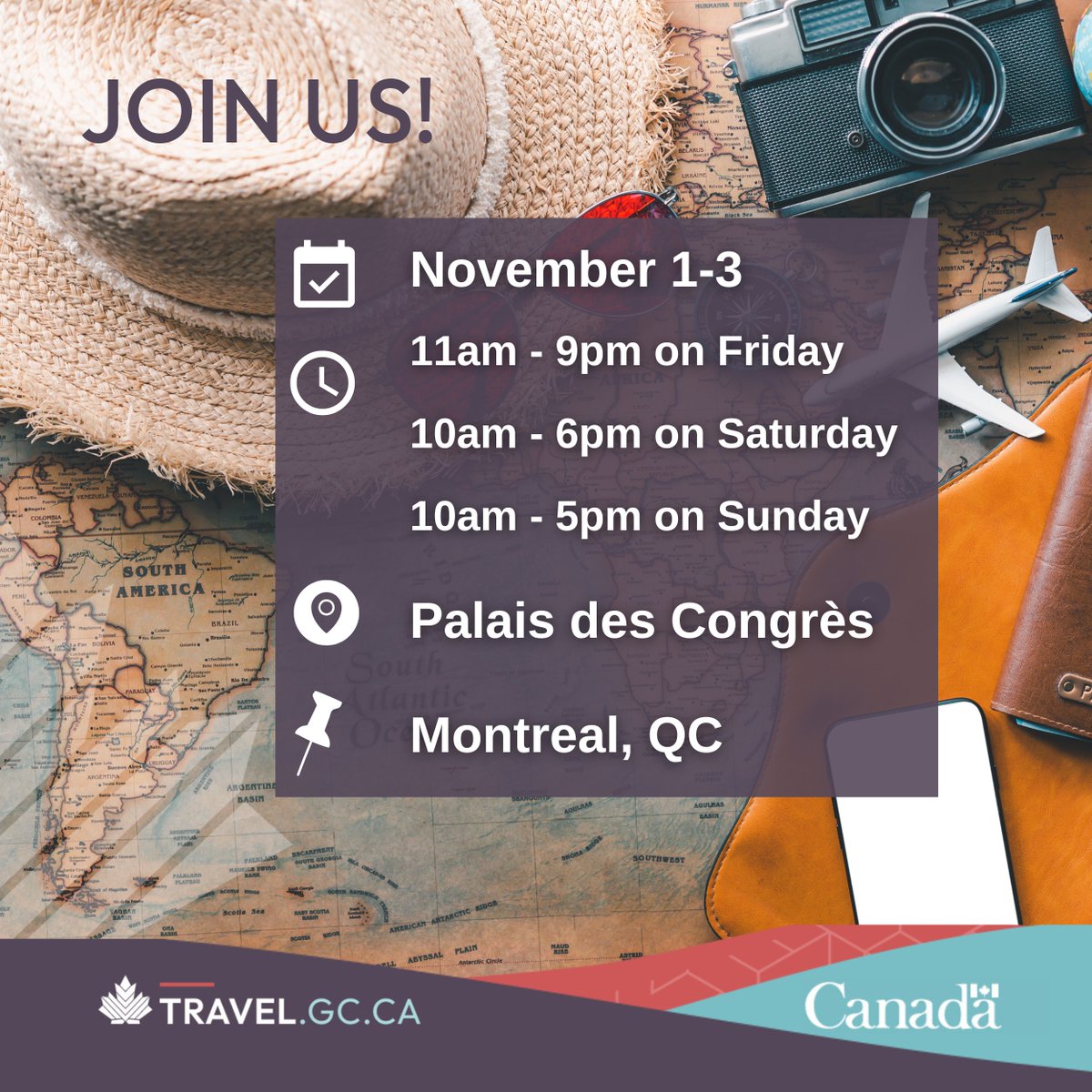 TravelGoC's tweet photo. We’re heading to #Montreal for the International Tourism & Travel Show!
Stop by our booth this weekend to learn about https://t.co/UHGS5SUZmk and how it can help you prepare to #travel and live abroad safely.
#sitv #salontourismemtl https://t.co/SFEoUcn1VJ