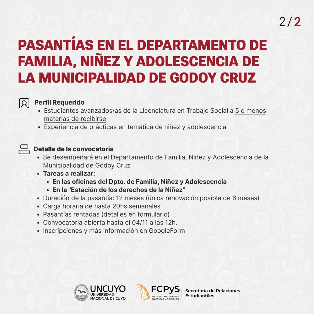 📝 Se convoca a estudiantes avanzados/as de la Lic. en Trabajo Social para pasantías pagas en el Departamento de Familia, Niñez y Adolescencia de la Municipalidad de Godoy Cruz. Toda la información la encontrarás en el link del formulario de inscripción.
👉forms.gle/ewQj7hJRfqGsnm…