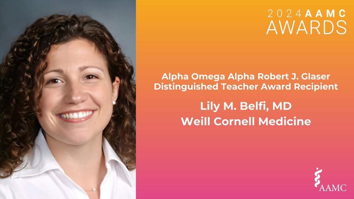 AAMC (@aamctoday) on Twitter photo Congratulations to <a href="/LilyBelfi/">LilyBelfiMD</a> MD for her 2024 Alpha Omega Alpha Robert J. Glaser Distinguished Teacher Award! Her devotion to enhancing <a href="/WeillCornell/">Weill Cornell Medicine</a> radiology education helped to make #meded more accessible & inspire students both on campus & in remote locations. #AAMCAwards Congratulations to <a href="/LilyBelfi/">LilyBelfiMD</a> MD for her 2024 Alpha Omega Alpha Robert J. Glaser Distinguished Teacher Award! Her devotion to enhancing <a href="/WeillCornell/">Weill Cornell Medicine</a> radiology education helped to make #meded more accessible & inspire students both on campus & in remote locations. #AAMCAwards