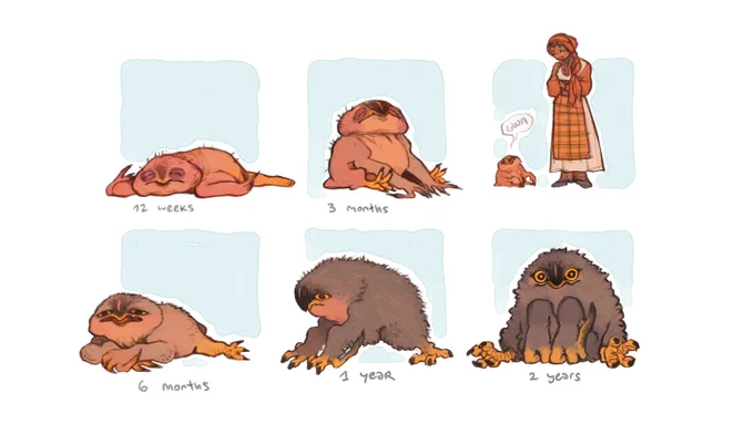 a helpful set of pictures showcasing how the Ba'It Garaang from my comic grow from pink nugget to large chicken 