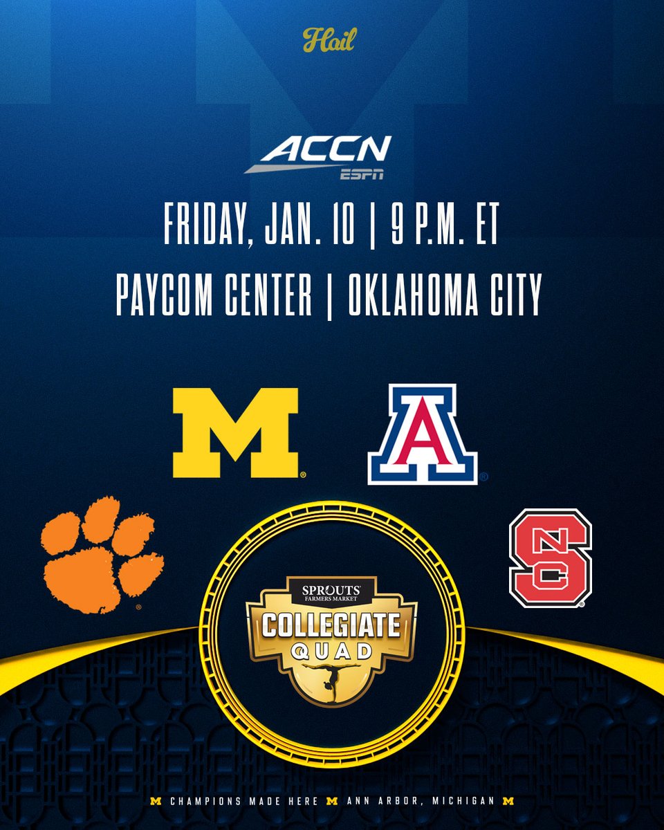 UMichWGym's tweet photo. We can't wait to compete at the @CollegiateQuad at the Paycom Center in Oklahoma City this year!

#GoBlue 〽️ https://t.co/lz6mphqo1R