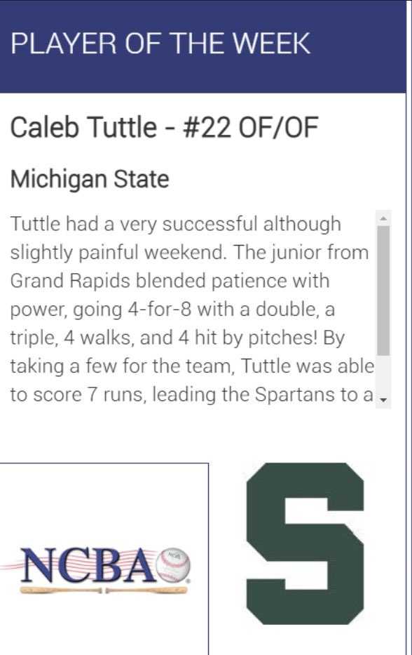 MSUBaseballClub's tweet image. Congrats to @CalebTuttle22 for earning his second Player of the week. He earned it this past weekend with our series against Central Michigan. He went (4-8) with 1 2B, 1 3B, 4 BB, 4 HBP and scoring 7 times.