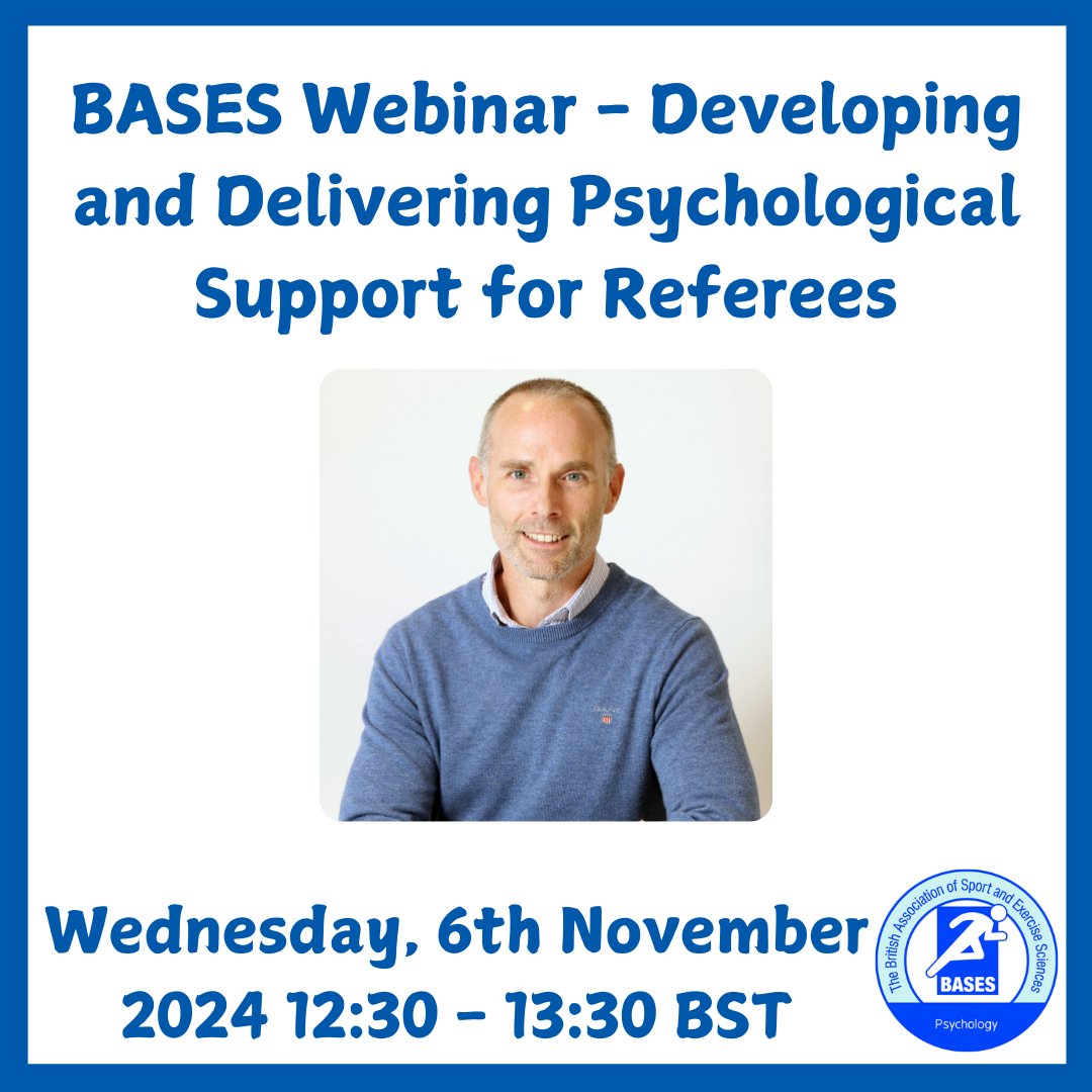 BASES Division of Psychology (@bases_psy) on Twitter photo Next week, we cannot wait to welcome Dr Noel Brick (<a href="/noelbrickie/">Dr Noel Brick</a>) to present a @basesuk webinar on Developing and Delivering Psychological Support for Referees 👌
Register for the event here: bases-live.workbooks.com/process/1QDN0U…
#BASESPSY Next week, we cannot wait to welcome Dr Noel Brick (<a href="/noelbrickie/">Dr Noel Brick</a>) to present a @basesuk webinar on Developing and Delivering Psychological Support for Referees 👌
Register for the event here: bases-live.workbooks.com/process/1QDN0U…
#BASESPSY