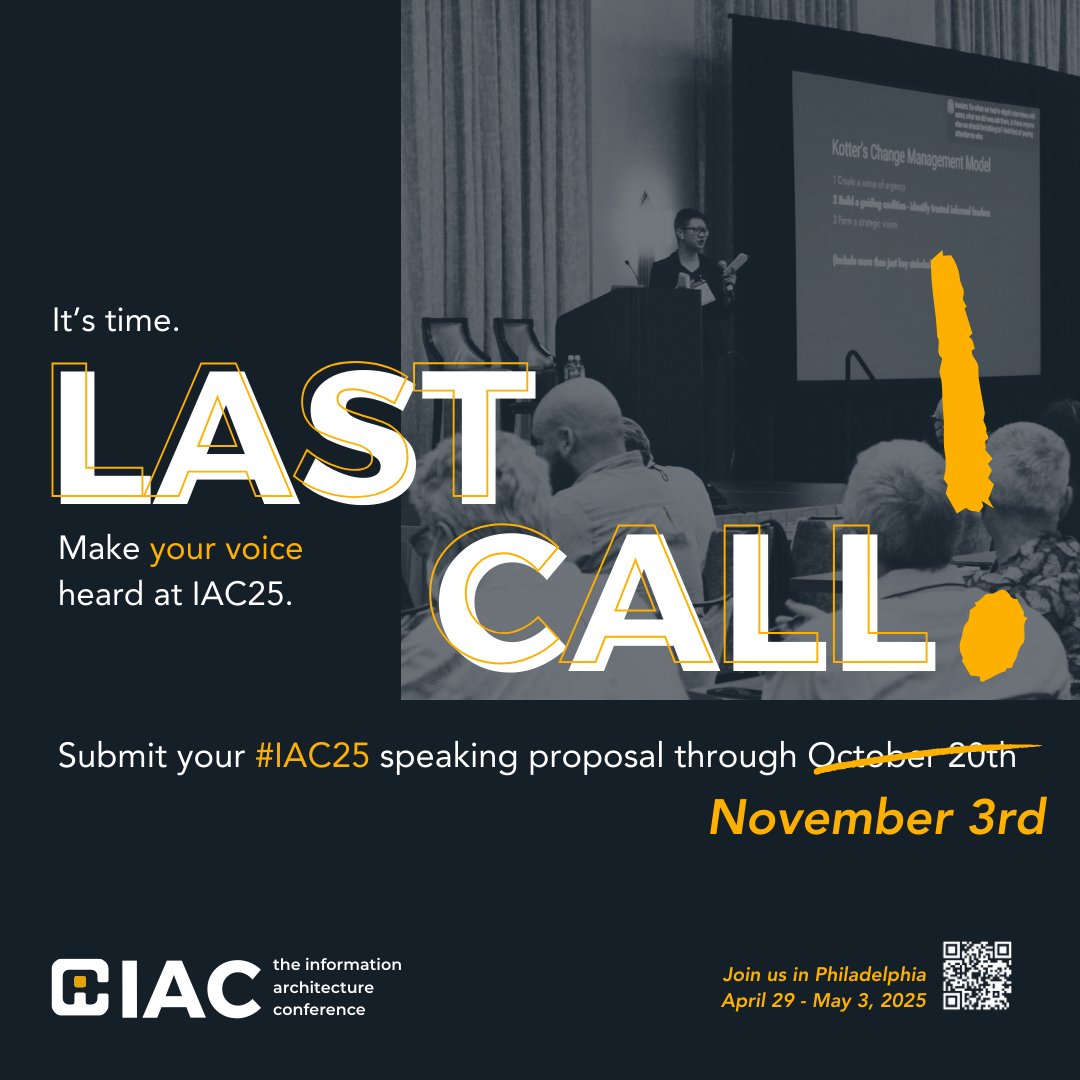 IAC - Information Architecture Conference #IAC25 (@theiaconf) on Twitter photo ๐ 3 DAYS LEFT! Submit your #IAC25 proposal! ๐ค
Present at #IAC25 and share your insights on bridging #AI and #IA.
๐ ๐๐ฒ๐ฎ๐ฑ๐น๐ถ๐ป๐ฒ: November 3rd @ 11:59 PM PST! โ donโt miss out!
๐ Submit here: theiaconference.com/ia-conference-โฆ
#ContentStrategy #CallForProposals #InclusiveDesign ๐ 3 DAYS LEFT! Submit your #IAC25 proposal! ๐ค
Present at #IAC25 and share your insights on bridging #AI and #IA.
๐ ๐๐ฒ๐ฎ๐ฑ๐น๐ถ๐ป๐ฒ: November 3rd @ 11:59 PM PST! โ donโt miss out!
๐ Submit here: theiaconference.com/ia-conference-โฆ
#ContentStrategy #CallForProposals #InclusiveDesign