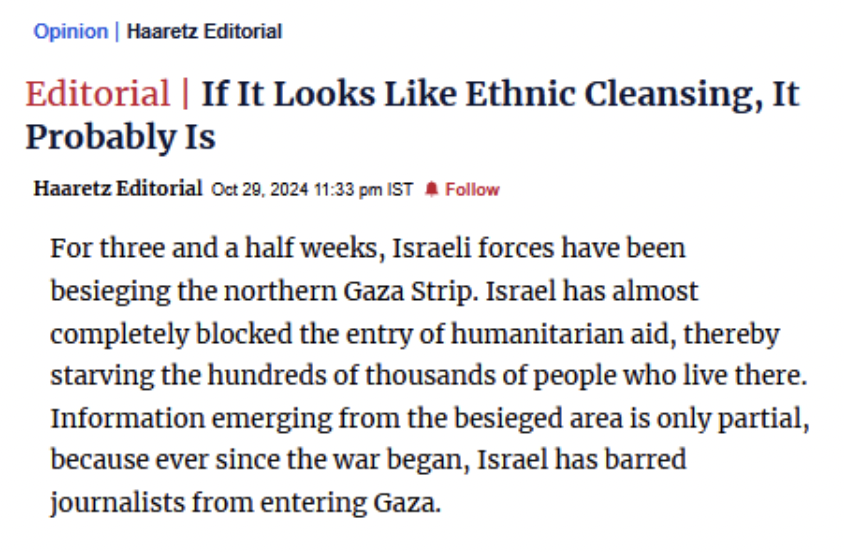 🚨Il comitato di redazione di Haaretz scrive qualcosa che nessun grosso nome dell'opinionismo «riformista» italiano ha scritto - o potuto scrivere - in 12 mesi:

«Israele sta scivolando nella pulizia etnica; i suoi soldati stanno portando avanti le politiche criminali della