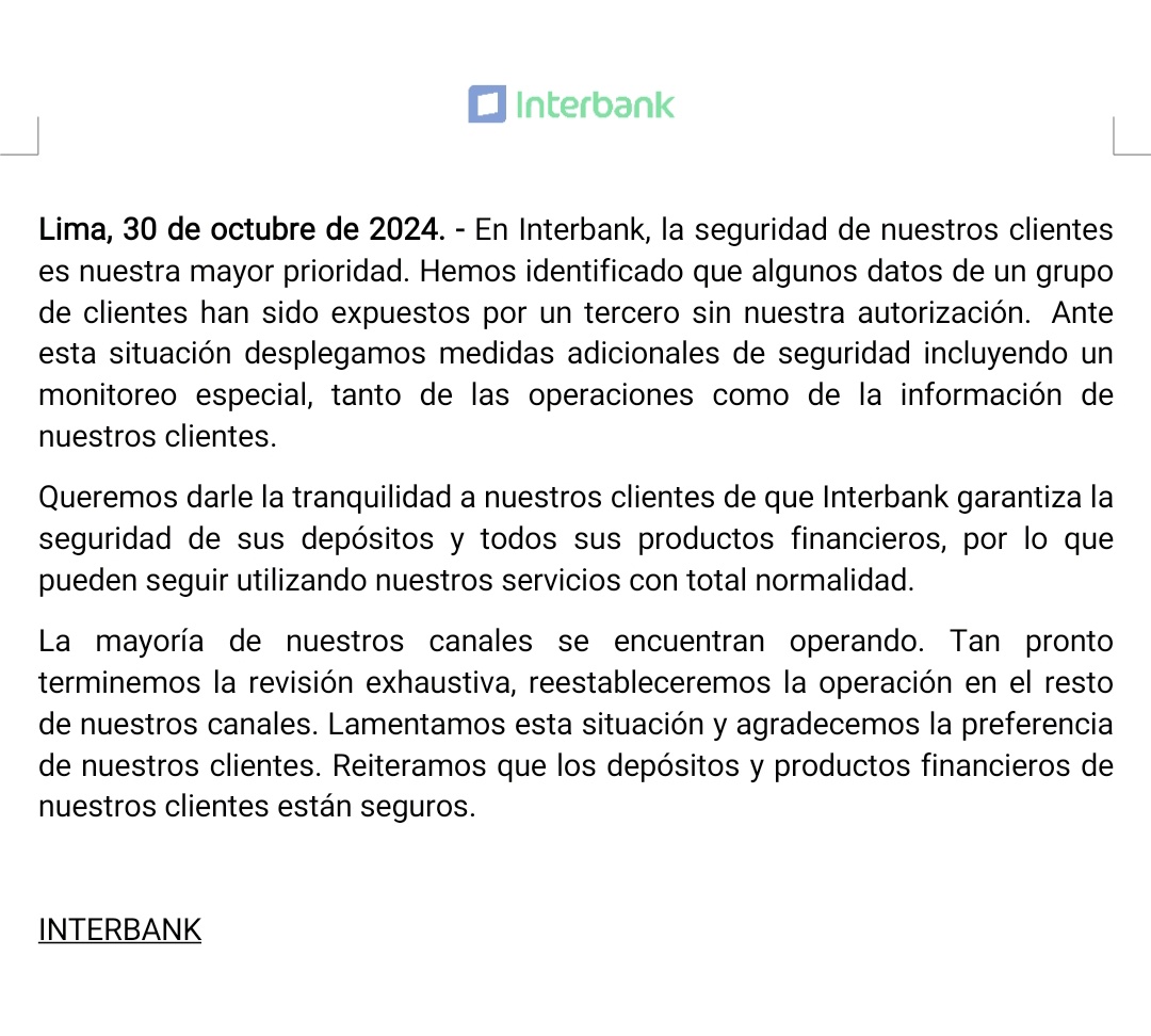 paolobenza's tweet photo. #Urgente Interbank reconoce oficialmente que los datos de los clientes del banco fueron robados. "Algunos datos de un grupo de clientes han sido expuestos por un tercero sin autorización".

No obstante, aseguran que la mayoría de sus canales ya están operativos y son seguros👇 https://t.co/jUixlC6cxl