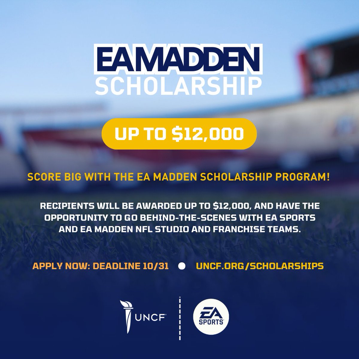UNCF (@uncf) on Twitter photo 🚨 Closing Soon: <a href="/EA/">Electronic Arts</a> Madden Scholarship Program ‼️Up to $12,000 Scholarship🎮
✅To apply you must be enrolled at:
<a href="/SpelmanCollege/">Spelman College</a>
<a href="/Morehouse/">Morehouse College</a>
<a href="/CAU/">Clark Atlanta Univ.</a>
<a href="/HowardU/">Howard University</a>
<a href="/ncatsuaggies/">North Carolina A&T</a>
<a href="/FAMU_1887/">Florida A&M University</a>
<a href="/PVAMU/">Prairie View A&M</a>
<a href="/SouthernU_BR/">Southern University</a>
📥 Submit resume and transcript!
🔗Apply by Oct. 31: opportunities.uncf.org/s/program-land… 🚨 Closing Soon: <a href="/EA/">Electronic Arts</a> Madden Scholarship Program ‼️Up to $12,000 Scholarship🎮
✅To apply you must be enrolled at:
<a href="/SpelmanCollege/">Spelman College</a>
<a href="/Morehouse/">Morehouse College</a>
<a href="/CAU/">Clark Atlanta Univ.</a>
<a href="/HowardU/">Howard University</a>
<a href="/ncatsuaggies/">North Carolina A&T</a>
<a href="/FAMU_1887/">Florida A&M University</a>
<a href="/PVAMU/">Prairie View A&M</a>
<a href="/SouthernU_BR/">Southern University</a>
📥 Submit resume and transcript!
🔗Apply by Oct. 31: opportunities.uncf.org/s/program-land…