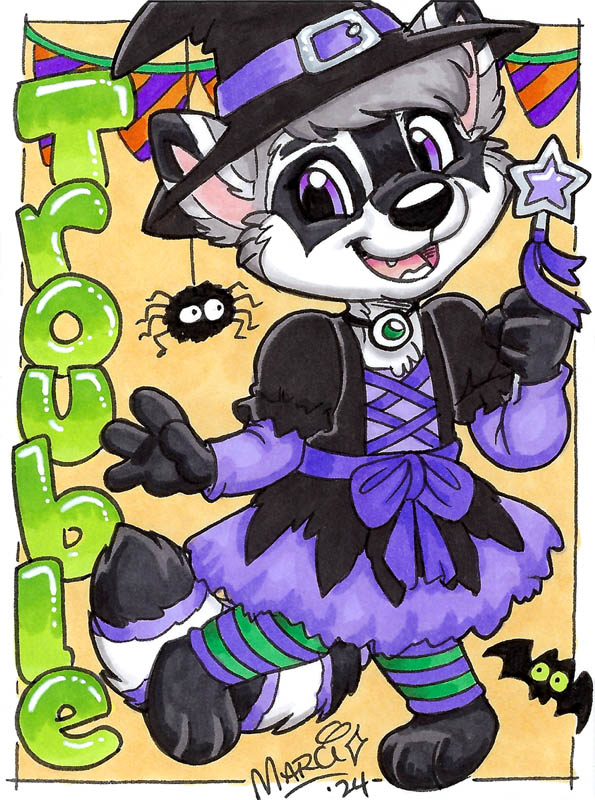 Halloween badge of adorable Trouble, dressed as a witch for the Halloween party.