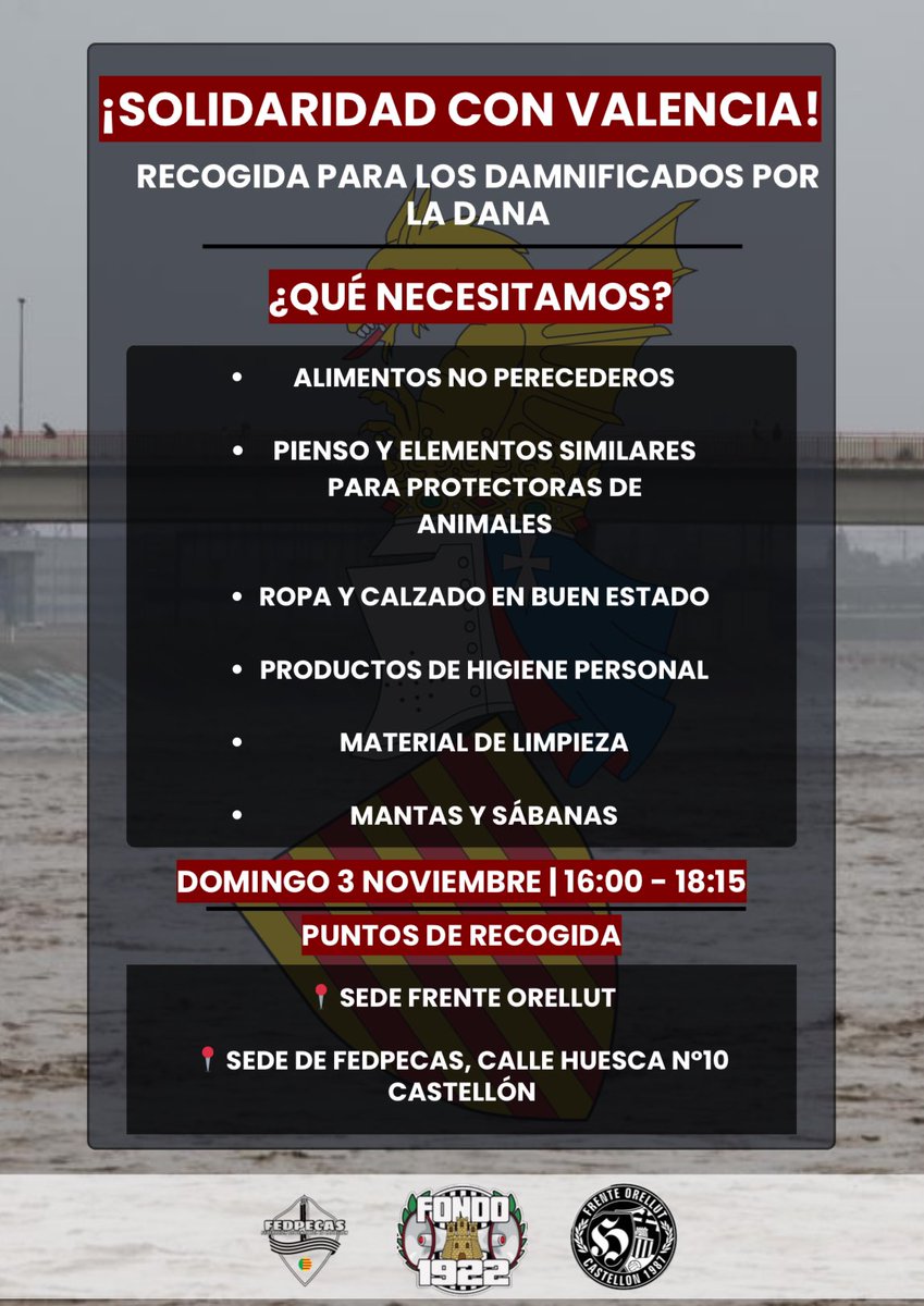 fondo1922's tweet photo. ¡Solidaridad con Valencia!

Recogida de Materiales para ayudar a nuestros vecinos afectados por la reciente catástrofe en Valencia. Unámonos para apoyar a quienes más lo necesitan en estos momentos. 

Gracias por vuestra solidaridad y apoyo. https://t.co/agw2yUwnsH