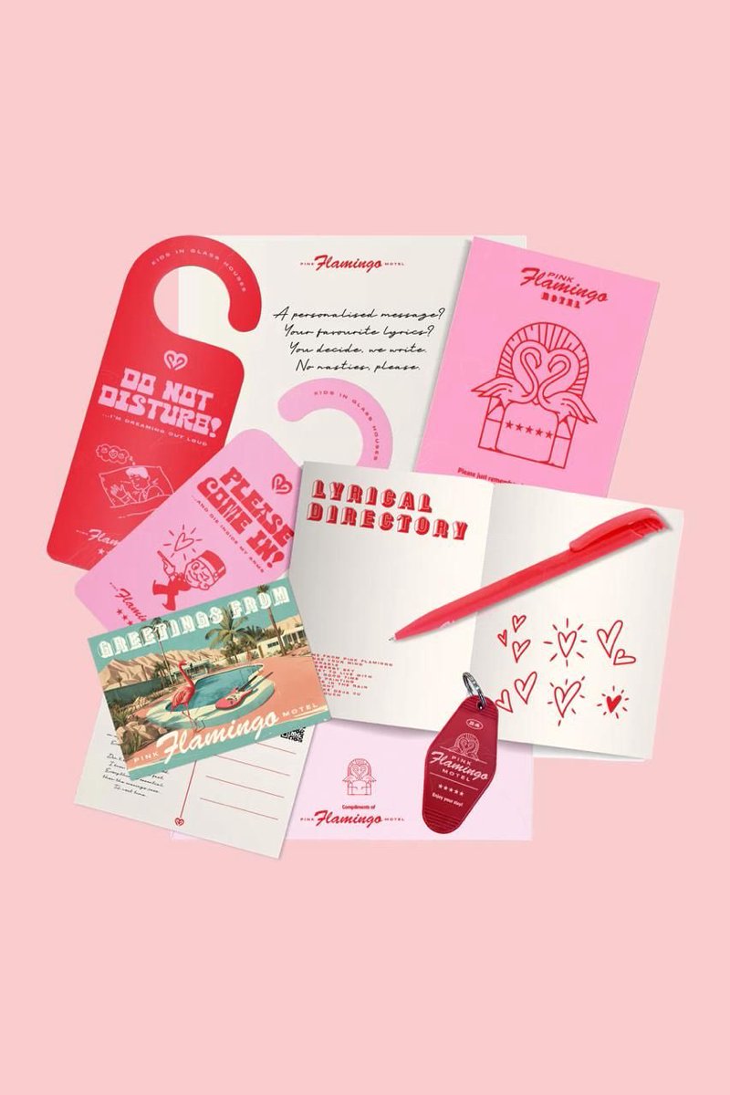 For a limited time… the Pink Flamingo Motel Bundle with a digital album. Celebrating the halcyon days when we used to send postcards and notes to each other and read lyrics on paper.  Available now on kidsinglasshouses.uk
