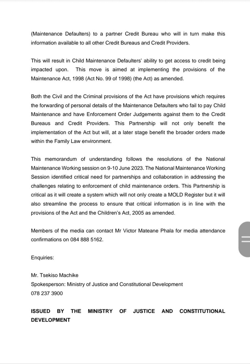DOJCD_ZA's tweet image. MEDIA ADVISORY

30 October 2024

MINISTER SIMELANE TO SIGN THE MEMORANDUM OF UNDERSTANDING ON THE MAINTENANCE ONLINE LISTING OF DEFAULTERS PROJECT WITH CONSUMER PROFILE BUREAU AND SOCIAL JUSTICE FOUNDATION