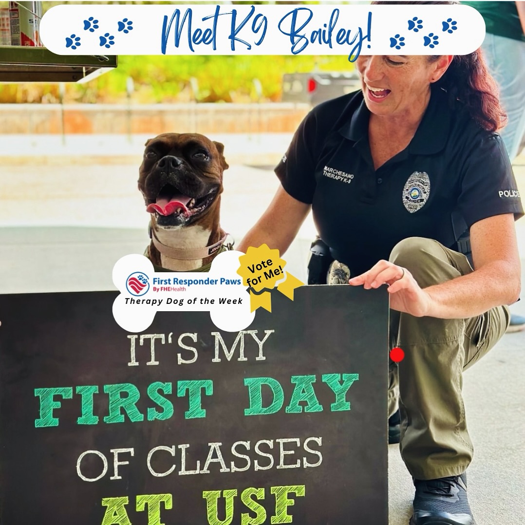 FHEHealth's tweet photo. Meet K9 Bailey, our #FirstResponderPaws #TherapyDog of the Week with @chewy & @OscarTherapyDog. Bailey supports @USouthFlorida students & staff, advocates for victims of crime, represents @brevard_sheriff & is the first therapy #K9 in @hillsboroughfl. https://t.co/u70PbT5Xh1 https://t.co/QF1LasVJRt