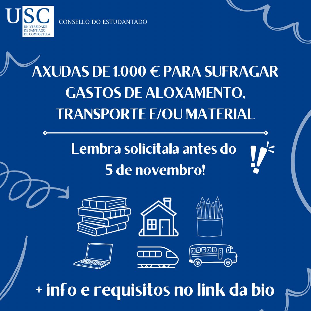 🏠🚂📚 Nova axuda de 1.000 € para sufragar gastos de aloxamento, transporte e/ou material. Podes solicitala ata o 5 de novembro.

👉🏽🔗 Tes toda a información sobre a convocatoria, así como os requisitos e procedemento de solicitude aquí: usc.gal/gl/servizos/ar…