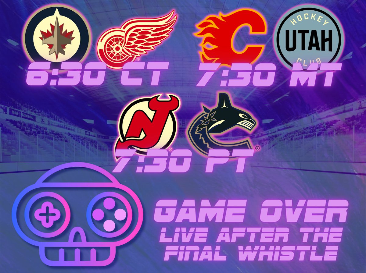 GameOverNHL's tweet photo. Tonight's Game Over schedule:

@TyDilello will cover #GoJetsGo  vs Red Wings

@ConradCasts &amp; @miketgould will break down #Flames vs Utah

and @markysquita will have your #Canucks vs Devils post game! https://t.co/XNCdXFIHOh