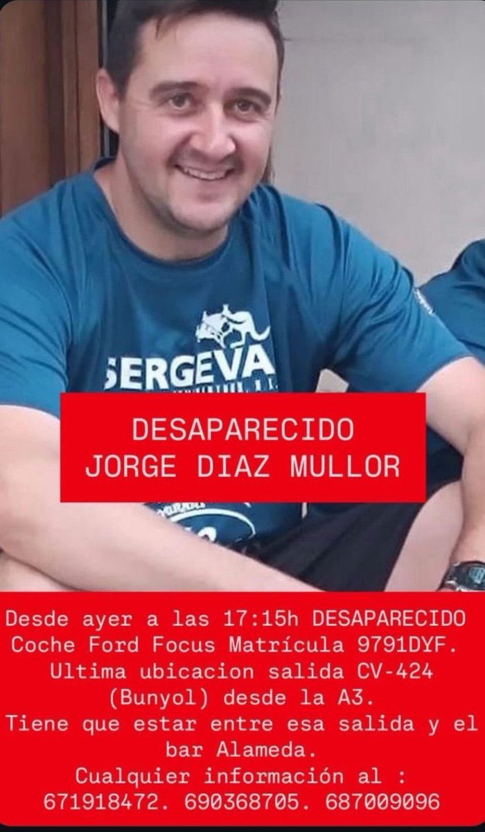 Andreaaa_rmcf's tweet photo. AYUDA. MAXIMA DIFUSIÓN.
Se solicita colaboración y difusión para poder localizar a  JORGE DÍAZ MULLOR.
Desaparecido desde ayer en BUNYOL.
Su coche es un Ford Focus con matrícula 9791DYF. https://t.co/87SXSWNLhn