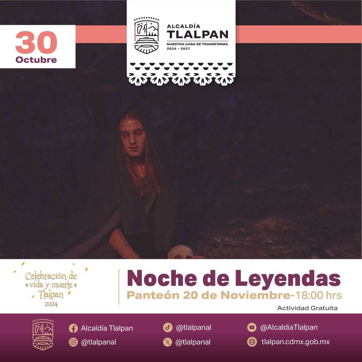 CARTELERA DE HOY, 30 DE OCTUBRE 👻

Les compartimos la cartelera de actividades del día de hoy, para celebrar juntos esta temporada especial en Tlalpan. 
¡Los esperamos para vivir nuestras tradiciones! 🌼

#CelebraciónDeVidaYMuerteTlalpan2024