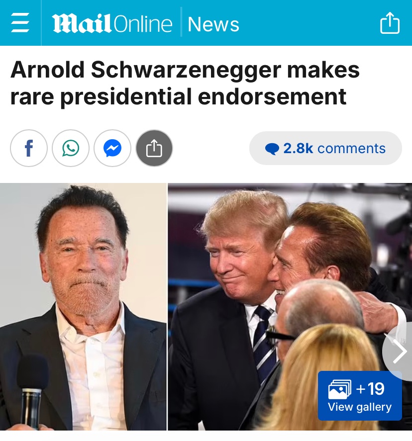 Republican Arnold Schwarzenegger has endorsed Kamala Harris.

The 90% of Daily Mail readers who never get beyond the headline will never know this though.