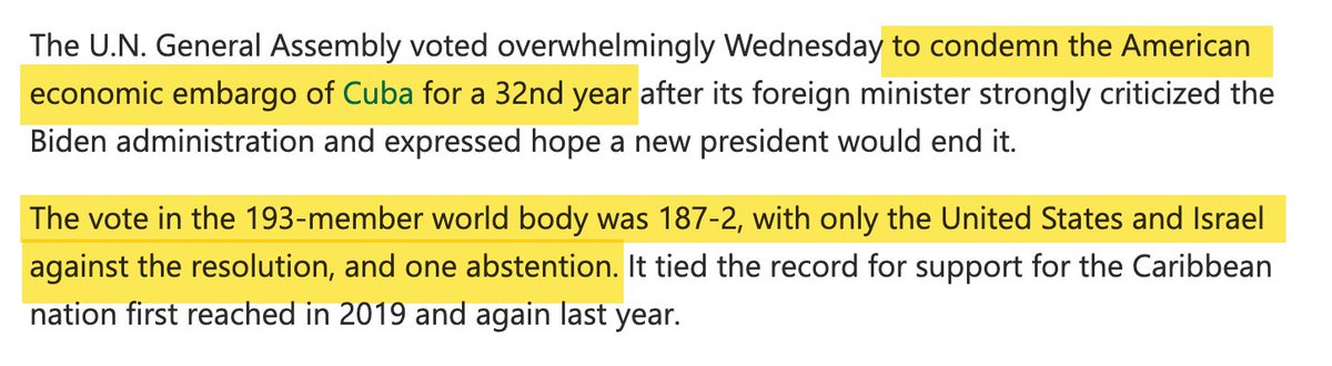 The US has been suffocating Cuba for decades with an embargo -- never harming its leaders, only immiserating the population.

At the UN today, every nation voted to end the embargo -- except 2. The vote was 187-2.

The only 2 NO votes: US and Israel.🇮🇱🇺🇸

msn.com/en-gb/news/wor…