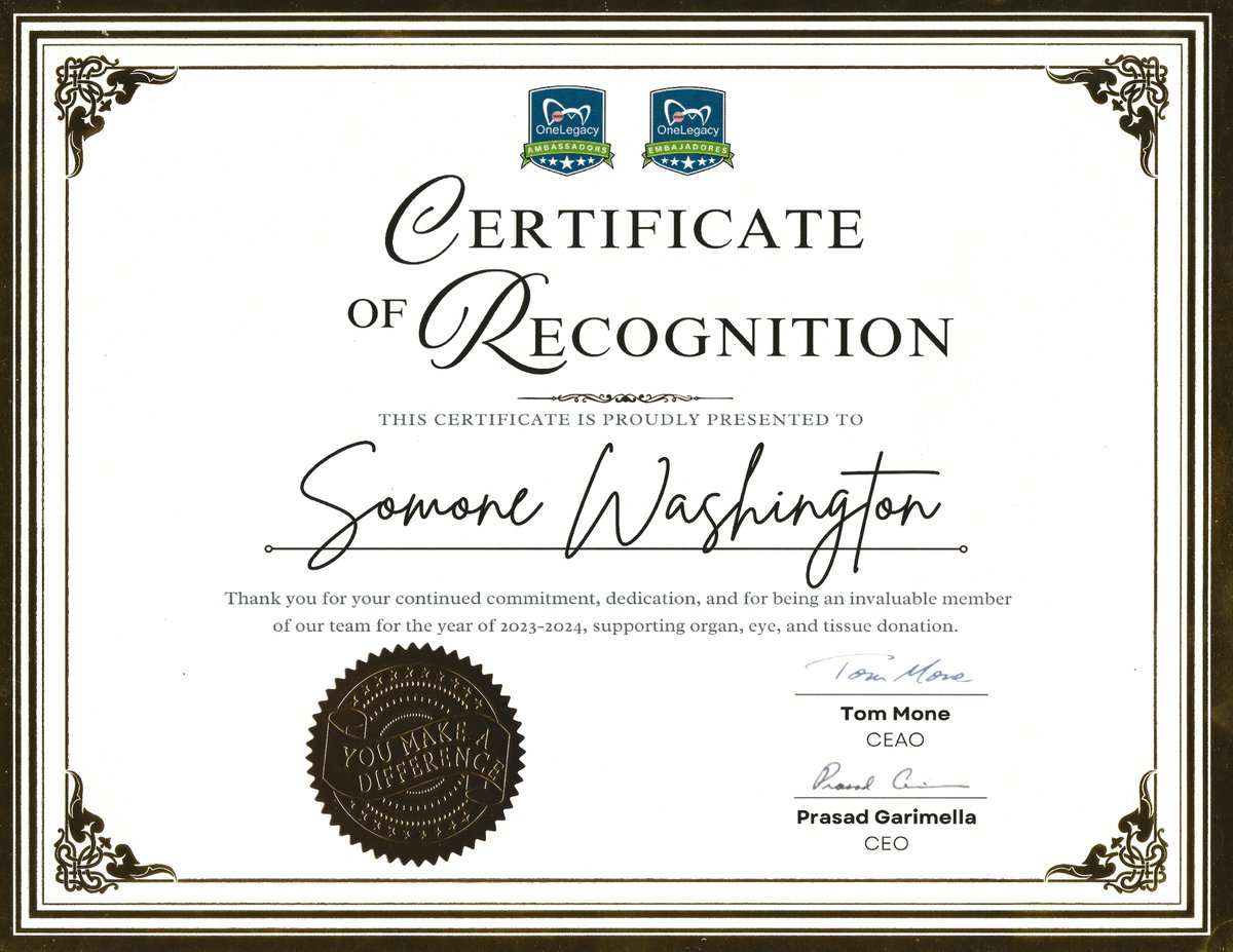 sdwashington's tweet photo. Thank you @OneLegacyNews! Your recognition means so much! #OneLegacy #recognition #grateful https://t.co/NhmA2pp8aT