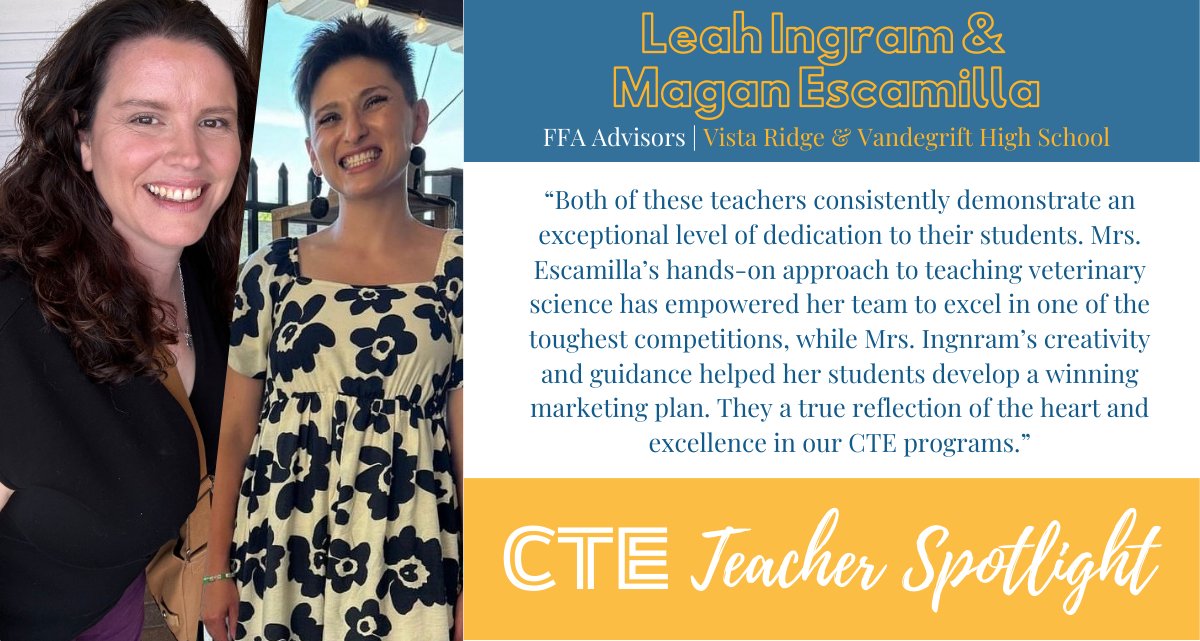 Leander CTE (@leandercte) on Twitter photo 🎉 CTE Teacher Spotlight: Megan Elliott & Leah King!🌟
We’re proud to recognize Vandegrift High School’s Magan Escamilla and Vista Ridge High School's Leah King for their teams' incredible success at the 97th <a href="/NationalFFA/">National FFA</a> Convention & Expo! 🏆 🎉 CTE Teacher Spotlight: Megan Elliott & Leah King!🌟
We’re proud to recognize Vandegrift High School’s Magan Escamilla and Vista Ridge High School's Leah King for their teams' incredible success at the 97th <a href="/NationalFFA/">National FFA</a> Convention & Expo! 🏆
