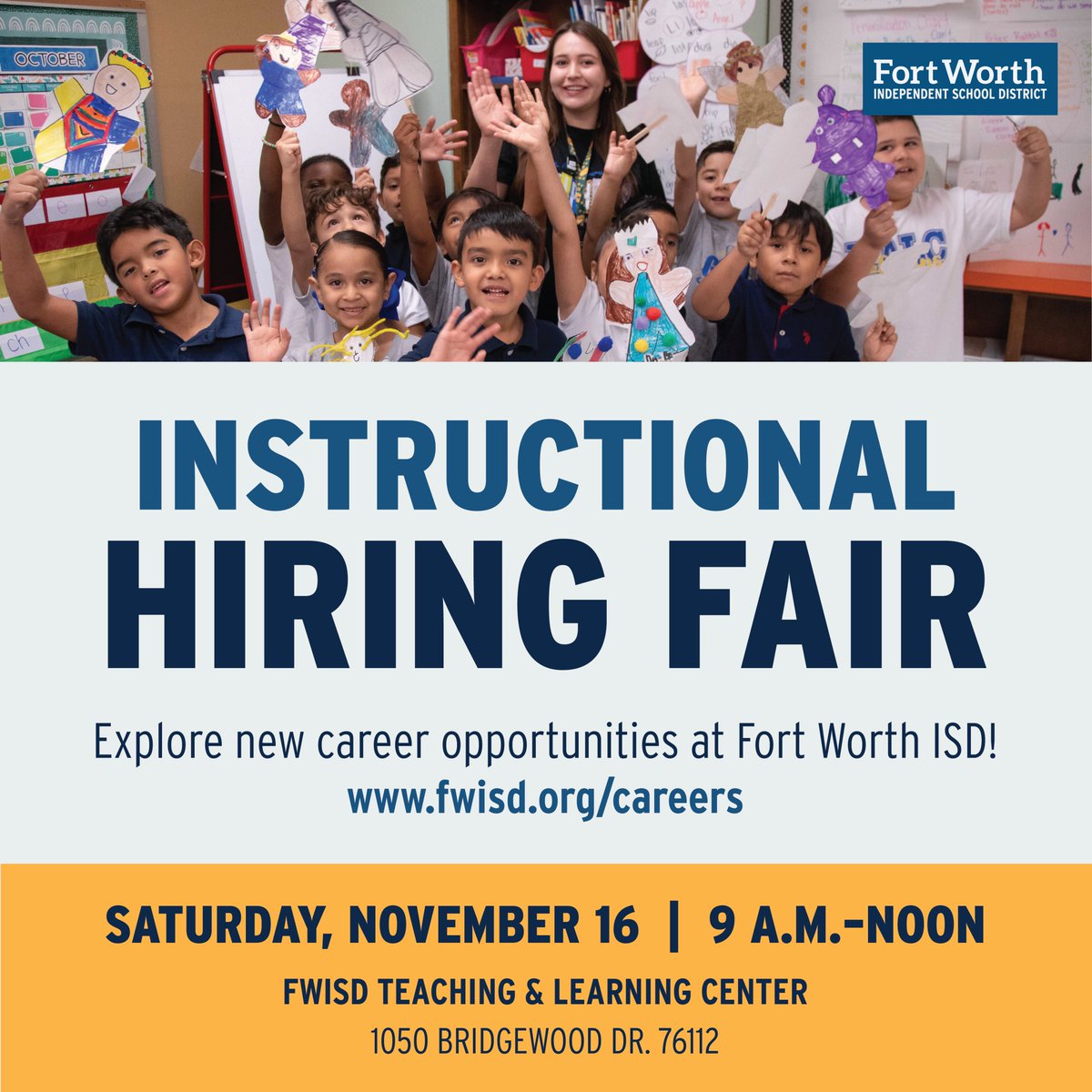 🚀Ready to make a difference? Join us at the Fort Worth ISD Hiring Fair!

RSVP: forms.gle/2EZghbanenYBz3…
Apply Now: fwisd.org/careers
Date:  Saturday, November 16, 2024
Time: 9:00 AM – 12:00 PM
Location: 1050 Bridgewood Dr., Fort Worth, TX 76116

#OneFortWorth #Hiring
