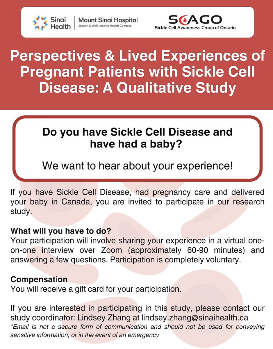A. Kinga Malinowski, MD (@sinaihemeob) on Twitter photo Are you living with #SickleCell & did you have #pregnancy care or #childbirth in #Canada? We want to hear about your #experience! See below & contact 📧lindsey.zhang@sinaihealth.ca 📧. SHARE YOUR STORY so the #healthcare system can reflect your needs! Gift card in appreciation. Are you living with #SickleCell & did you have #pregnancy care or #childbirth in #Canada? We want to hear about your #experience! See below & contact 📧lindsey.zhang@sinaihealth.ca 📧. SHARE YOUR STORY so the #healthcare system can reflect your needs! Gift card in appreciation.