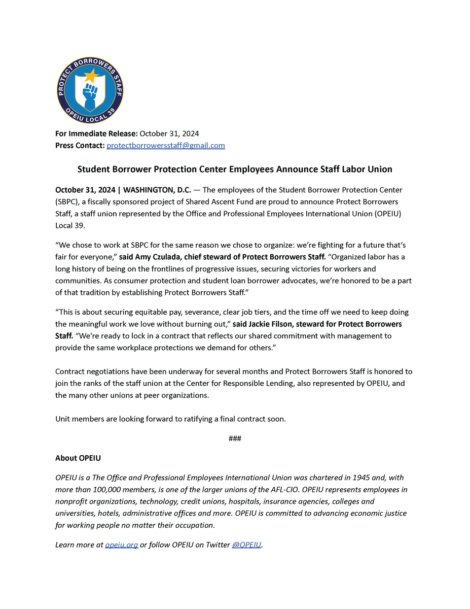 🥁🥁🥁ANNOUNCING: Protect Borrowers Staff, a staff union of @theSBPC and proud member of <a href="/OPEIU39/">OPEIU Local 39</a>/<a href="/OPEIU/">OPEIU | opeiu.org</a> ✊

Over a year ago, we received voluntary recognition and have since been hard at work trying to secure a good contract.

Full statement:
