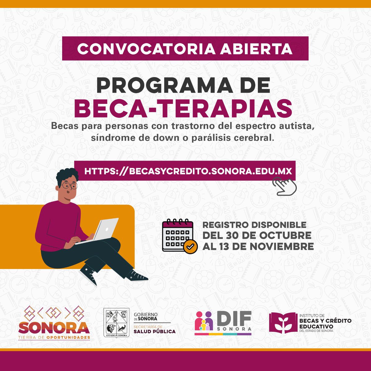 BettyCotaPonce's tweet image. Ya está disponible la convocatoria de Beca-Terapia para niñas, niños, adolescentes y adultos con trastorno del espectro autista, síndrome de down o parálisis cerebral. 🤟

No olvides realizar tu registro, el cual estará disponible hasta el 13 de noviembre en 🔗…
