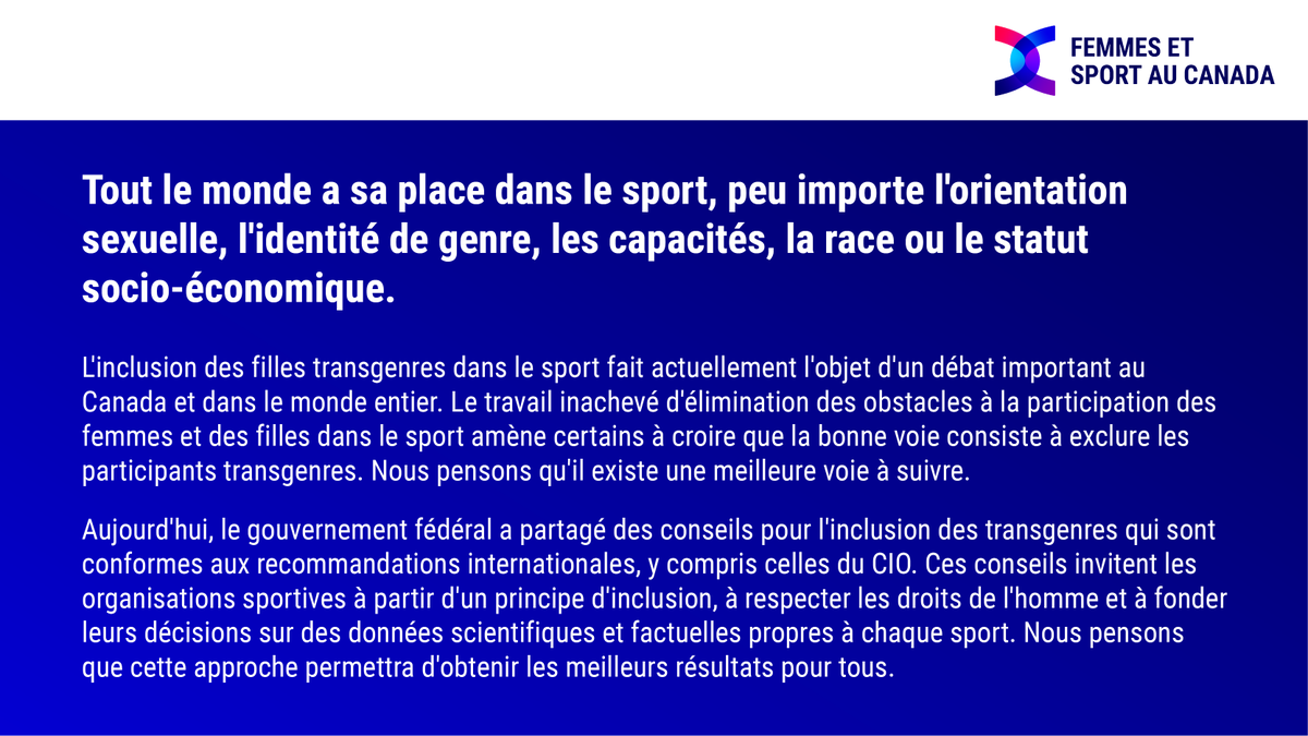 Tout le monde a sa place dans le sport. 

Lisez les derniers conseils du gouvernement fédéral sur l'inclusion des transgenres dans le sport ici : carlaqualtrough.substack.com/p/declaration-…