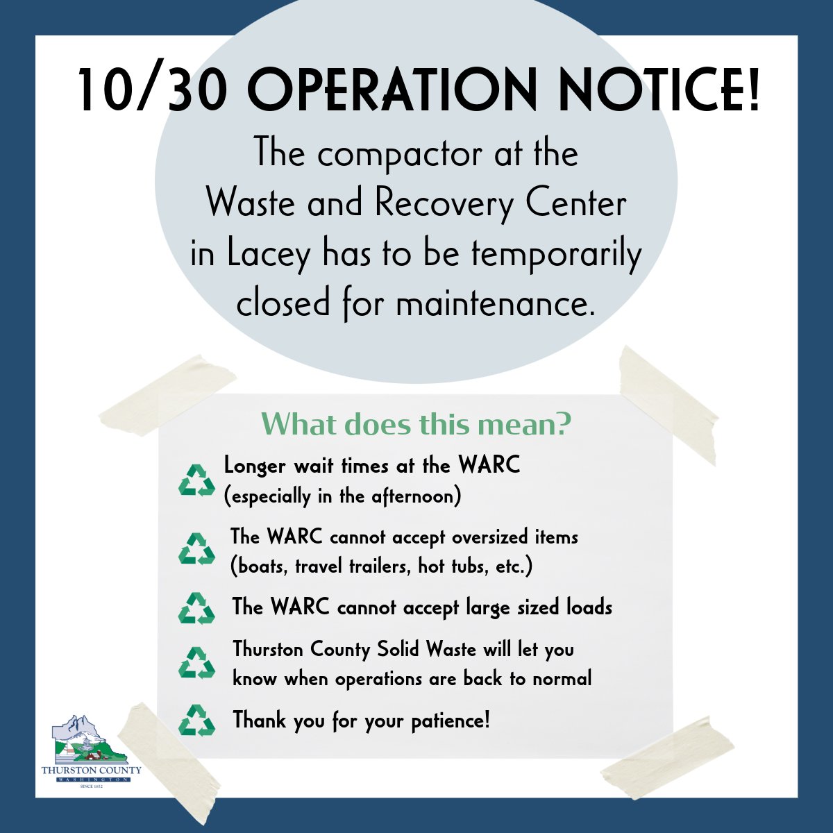 SolidWasteThuCo's tweet photo. ‼️ Our compactor at the Waste and Recovery Center in Lacey is currently experiencing mechanical issues and is temporarily out of service.
For the time being, the WARC cannot accept any oversized items or loads. 

Expect longer wait times.  
Questions? Call (360) 867-2491 for help https://t.co/vD7WPQULr5