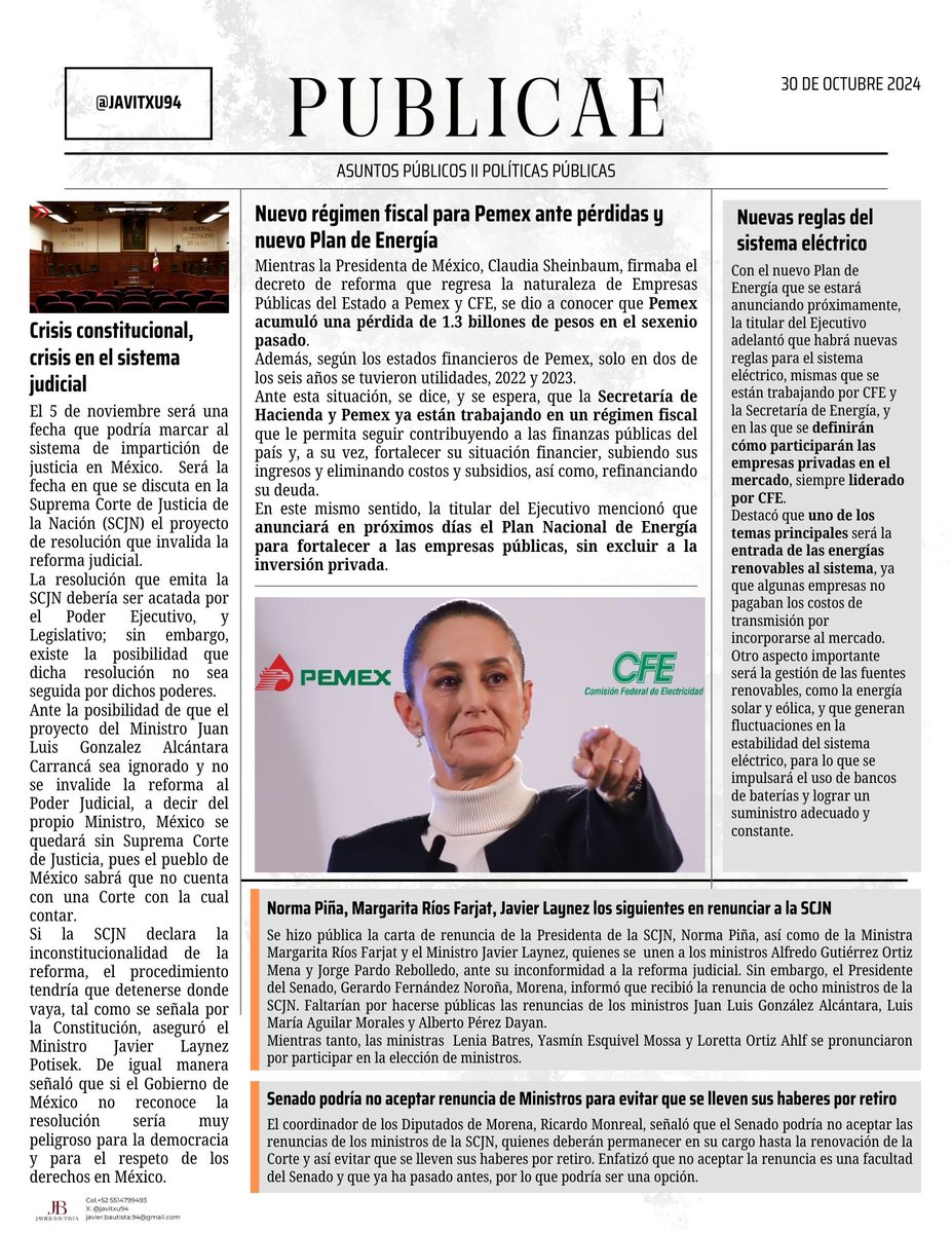 javitxu94's tweet image. #ULTIMAHORA 🚨 
👨‍⚖️👩‍⚖️Renuncias de Ministros de @SCJN.Monreal amenaza:@senadomexicano podría no aceptarlas y no llevarse sus haberes por retiro
✏ ¿Qué pasa si la SCJN decide la inconstitucionalidad de la #ReformaDelPoderJudicial? 
📊Nuevo régimen fiscal para @Pemex,pérdidas 1.3bdp