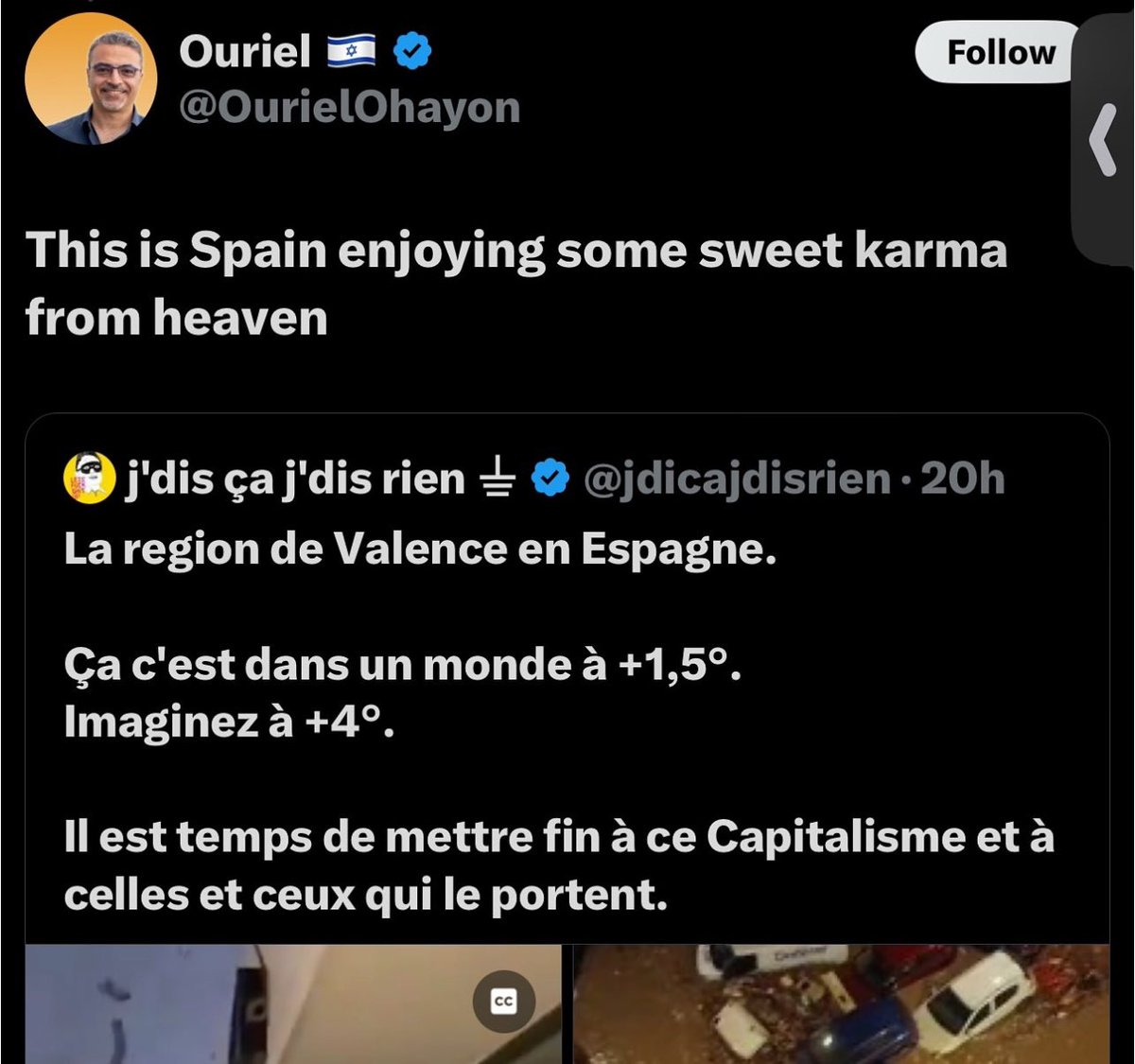 leylahamed's tweet photo. Zionists celebrating the death of (at least) 92 people who have died in Valencia in eastern Spain as a result of the storm. Dozens are still missing.

Of course this shameless sociopath @OurielOhayon has now deleted the post. What for? You are often proud of your depravity. https://t.co/tLwgZ4YTRi