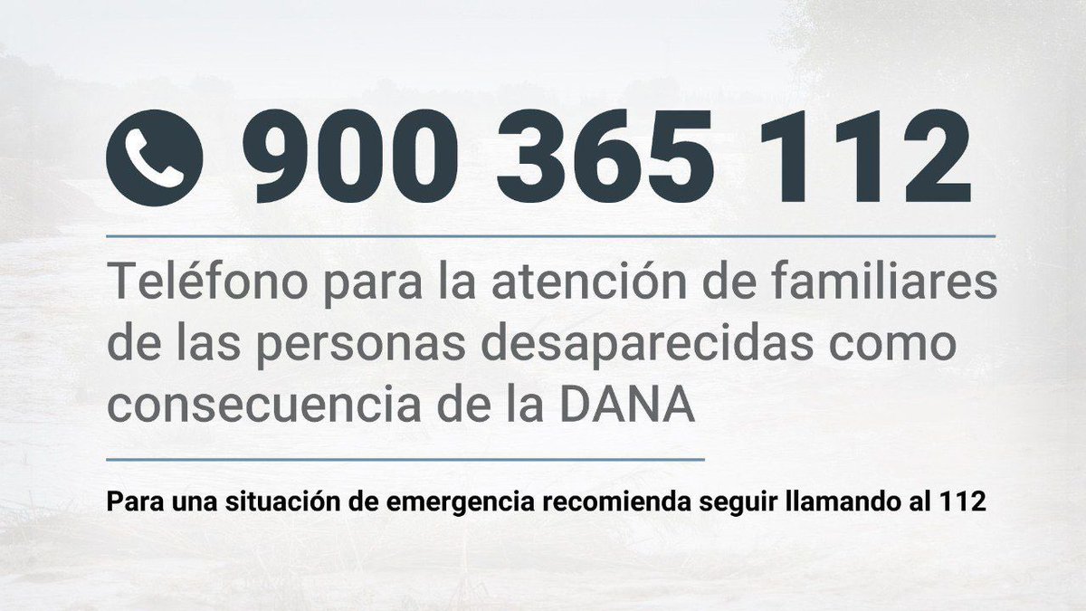 🆘 La Generalitat ha activado un teléfono para atención de familiares de desaparecidos, únicamente para dar información sobre aquel familiar con el que no se pueda contactar
📱 ➡️ tinyurl.com/4k9cdhrk

@alejandrosanz
<a href="/LFdCesmas/">LaFuerzadelCorazón</a> 

#Valencia
#DanaEspaña
#LaDANAdelSiglo