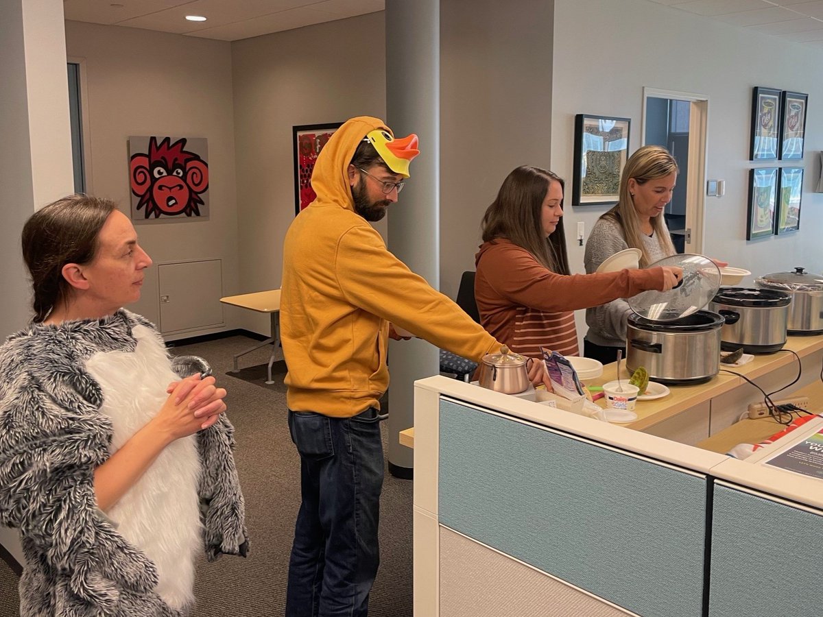 visionaryia's tweet photo. The Visionary staff gathered today for our annual Halloween costume contest and chili cookoff. We had some SPOOKtakular chili entries and FANGtastic costumes! Best Costume: Brandon "Shawn Althaus" Ford. Chili 1st Place: Jammie Hoffman. #bevisionary https://t.co/RAMaUDA3Xk