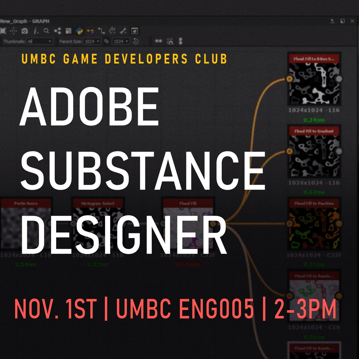 On Nov. 1st, join us for a 3D art tutorial featuring Adobe Substance Designer, led by Ryan Griffin, former 3D artist for Oxide Games! Ryan has been an incredible supporter of our club over the years, and he’ll be back to share his expertise in creating a Stylized Ground Texture.