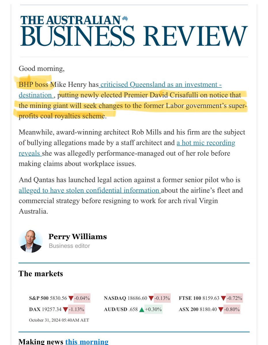 FOREIGN OWNED coal corporation BHP has put the ELECTED Premier “ON NOTICE” to cut coal royalties. 

I.e take $billions from QLD schools and hospitals and give it to them.

Good test of who actually runs QLD.