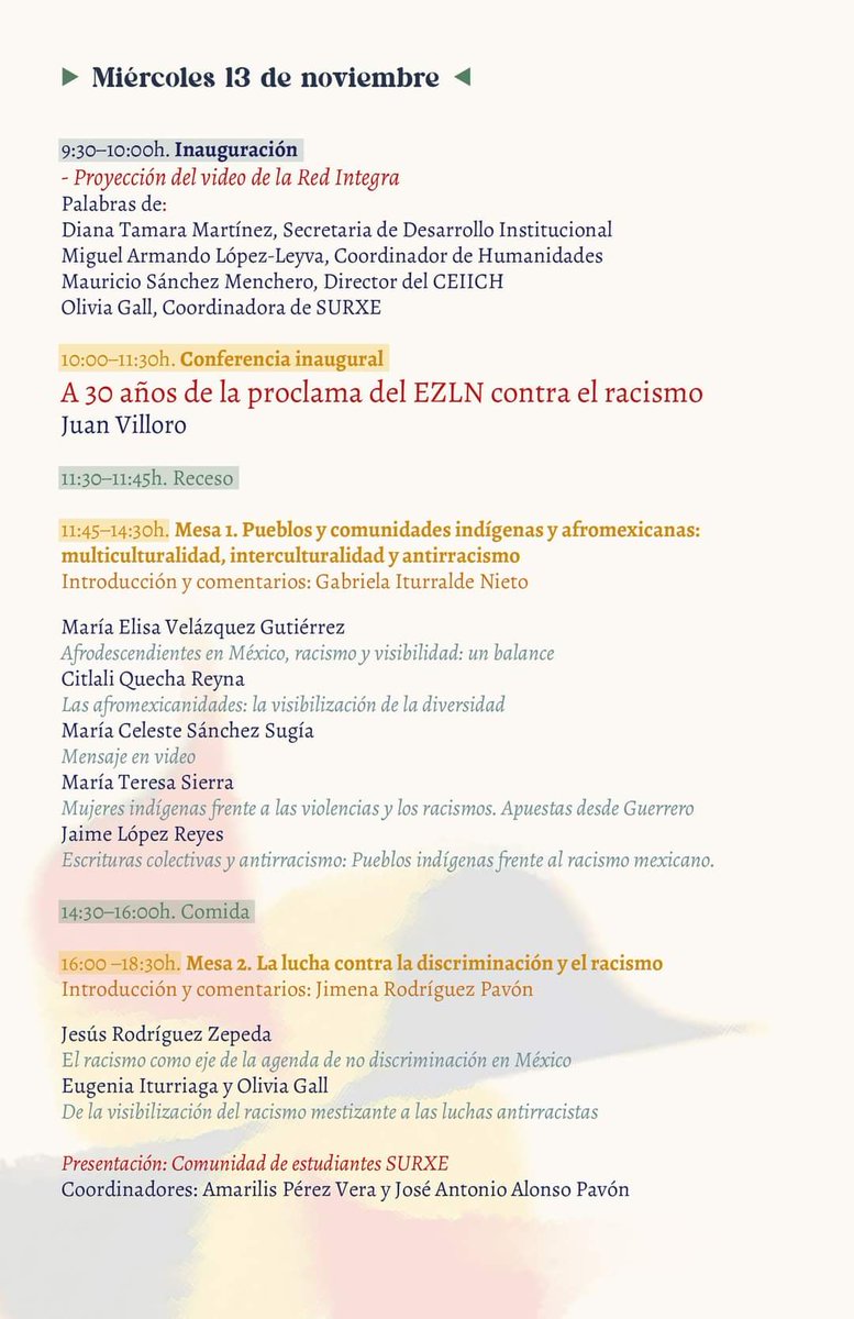 surxeunam's tweet photo. 📄 !PROGRAMA COMPLETO! 📄

👉 A 30 años del levantamiento zapatista, a 10 años de la creación de INTEGRA y a cinco años de la creación de SURXE nos parece indispensable hacer un balance analítico en torno al racismo y la xenofobia en México, +

#SURXE #redintegra https://t.co/fQ8EFLbhng