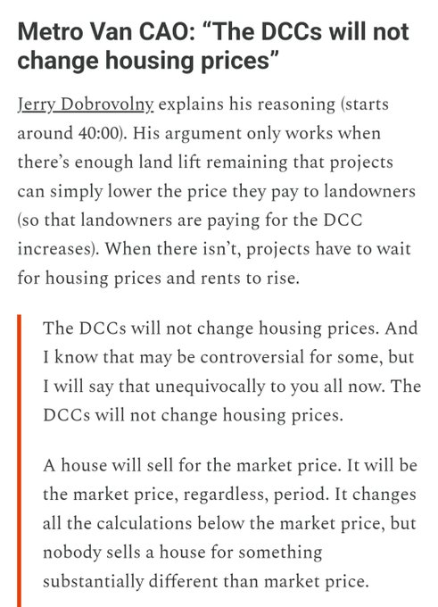 michael_wiebe's tweet image. To get a housing crisis as bad as this, you need crazy things to happen, like the regional chief administrative officer believing that development fees do not increase housing prices.

Why is this view so common among city planners?

1/