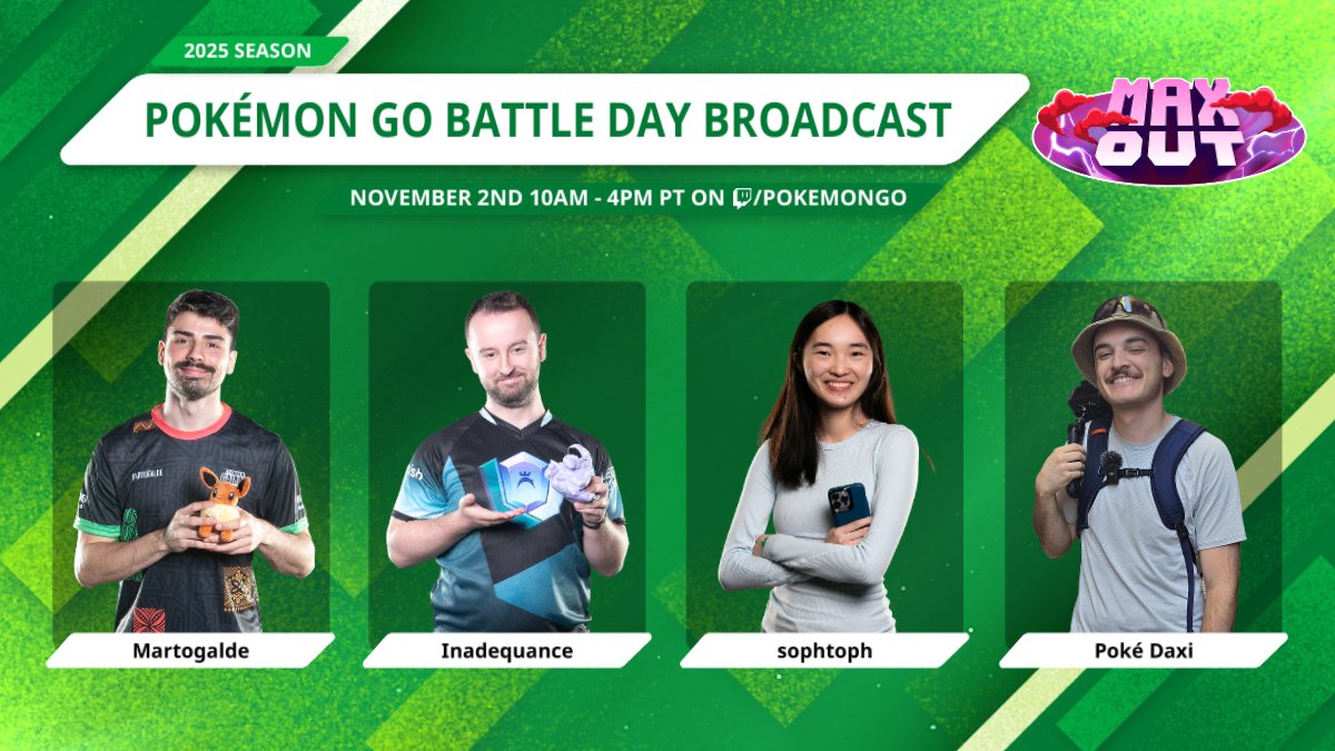 Get ready - #PokemonGO Battle Day is returning this Saturday with another broadcast full of competitive PvP battles!

Please welcome this season's guests below 👏

<a href="/martogalde/">MartoGalde</a> <a href="/InadequancePOGO/">Inadequance (Martijn)</a> <a href="/soph_toph/">sophtoph</a> <a href="/pokedaxi/">Poké Daxi</a>