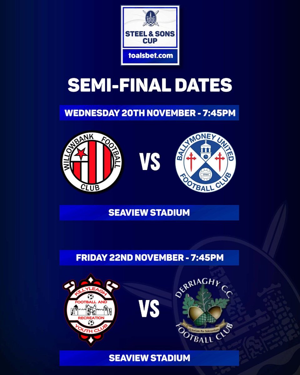 𝗦𝗧𝗘𝗘𝗟 &amp; 𝗦𝗢𝗡𝗦 𝗖𝗨𝗣 🏆

We can confirm the Dates and Venue for the <a href="/ToalsBet_Com/">Toals Bookmakers</a> Steel and Sons Cup Semi-Finals.